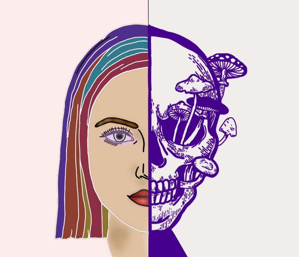 Split portrait with colorful hair on one side and a purple skull and mushrooms on the other