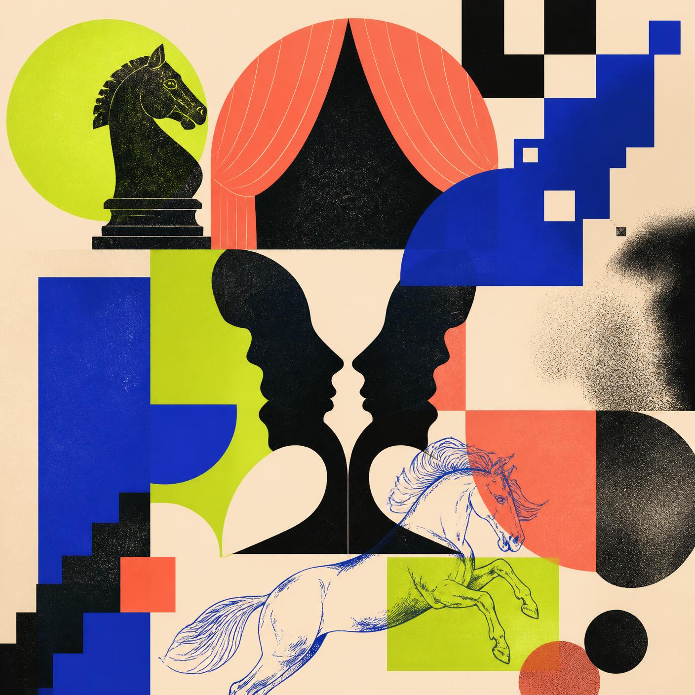 Graphic collage of a chess knight, mirrored profiles, theatre curtain, pixel blocks and a galloping horse