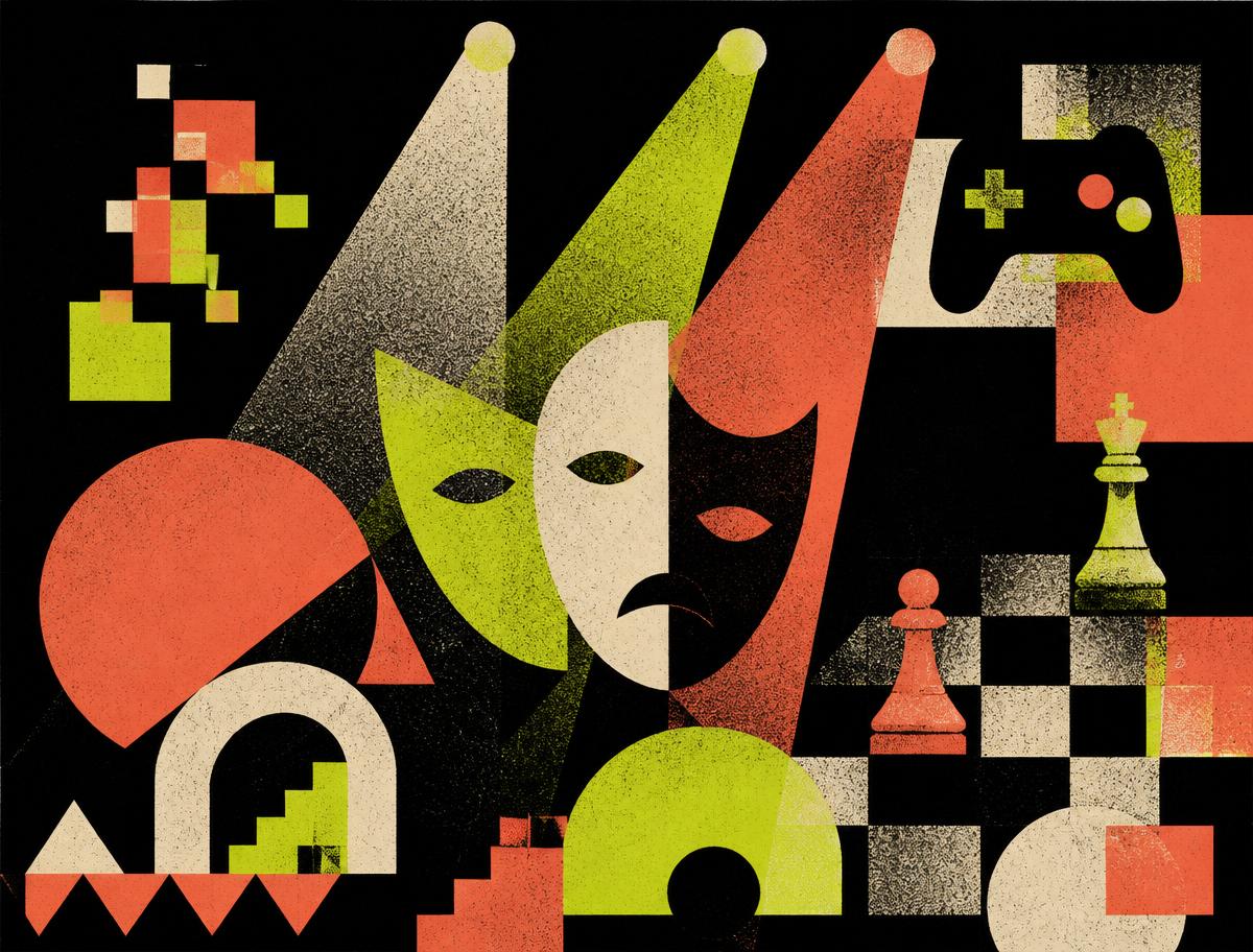 Graphic composition of spotlights, theatre masks, a game controller, chess pieces and pixel blocks